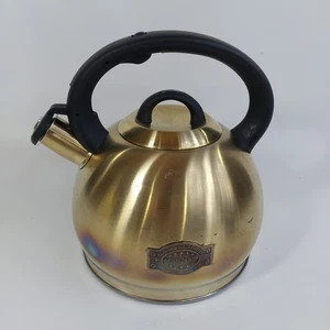 Brandani Whistling Tea Kettle Brushed Gold Steel Black Soft Touch Handle - Picture 1 of 7