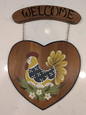 Vintage Rustic Country Wooden Rooster Welcome Sign Heart Shape Hand Painted - Image 1 of 4