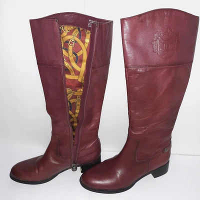 Botas de montar de cuero Etienne Aigner altas borgoña para mujer talla 8 cremallera cresta "E Chip" Foto 1 de 4