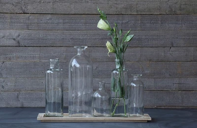 Creative Co-Op Set of 5 Vintage Bottle Vases on Wood Tray, Lot of 2, NIB - Image 1 of 4