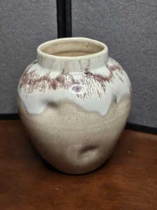 Vintage Studio Pottery Dimpled Vase Brown & White Drip On Speckled Tan Init UE - Picture 1 of 7