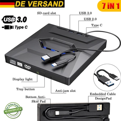 7 in 1 Externes CD/DVD Laufwerk USB-3.0 Type-C Brenner Player Für Windows 11 - Bild 1 von 4