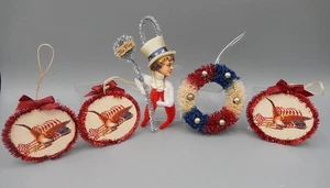 Vtg Victorian Style Uncle Sam USA Flag Tinsel Feather Tree Christmas Ornaments - Picture 1 of 8