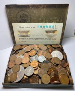 Tobacco Tin US Coin Collection: Copper Penny Nickel Dollar Wheat 90% Silver Lot - Picture 1 of 12