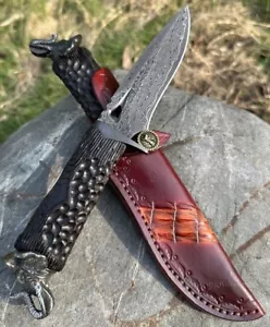 COLTELLO DA CACCIA DAMASCO LAMA FISSA VG10 ARTIGIANALE INTAGLIATO TESTA DI ELEFANTE NERO - Foto 1 di 24