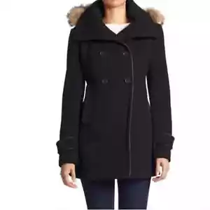 NWTNWT Andrew Marc Double Breasted Wool Blend Fur Trimmed Hood Coat SZ 100 - Picture 1 of 8