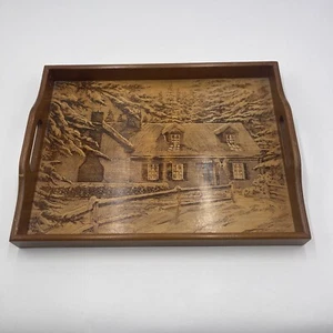 Vtg HOUSE of LLOYD Teak Wood SERVING TRAY w/Handles Cottage Woods Winter Mcm - Picture 1 of 8