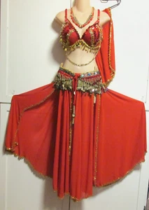Belly Dance 5 pc Costume- Red Gold Egyptian Set Beaded Sequin Skirt & Shawl/Wrap - Picture 1 of 19