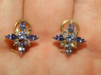 Brincos traseiros ômega azul tanzanita e diamante 2 quilates com acabamento em ouro amarelo 14K - Imagem 1 de 4