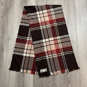 Wicker Weave All Zephyr Neck Scarf Brown Red Cream Plaid Fringe Ends 48” x 12” - Picture 1 of 5