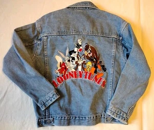 Looney Tunes Jacket Kids Large Blue Denim Coat Vintage 90s Cartoon Warner Bros - Picture 1 of 7