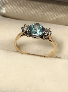 Vintage 18k Gold, Platinum & Natural Blue Zircon & Diamond Ring Sz 6 - Picture 1 of 11