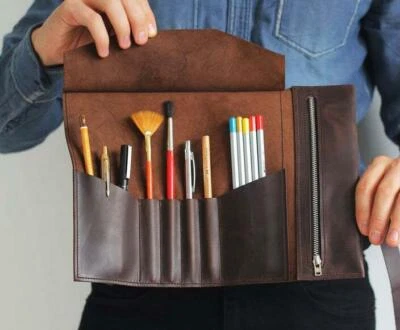 pencil storage pen bag pocket roll stationery Pouch holder Cow Leather brown H54 - Image 1 of 4