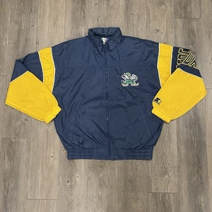 Vintage Notre Dame Starter Rain Jacket Mens L Blue Full Zip Hooded Nylon 90s - Picture 1 of 16