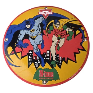 Vintage Conoco Gasoline Porcelain Sign - Batman Robin N-Tane Comic Gas Pump Sign - Picture 1 of 14