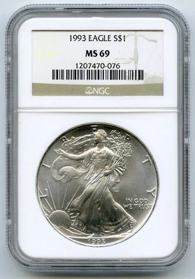 1993 American Eagle 1 Oncia Argento Dollaro NGC MS69 Certificato Lingotto - P599 - Immagine 1 di 2