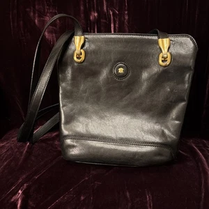 Vintage The Bridge Umhängetasche schwarz Leder - goldenes Löwenemblem, Made in Italy - Bild 1 von 20