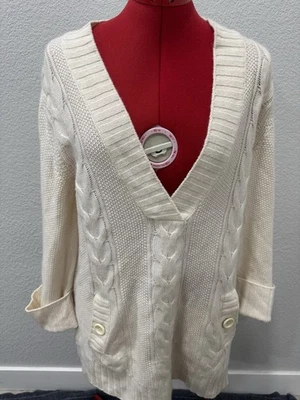 Кремовый кабель трикотажа туника свитер v-образным вырезом длинным рукавом богемное Cottagecore - Изображение 1 из 4