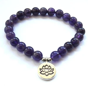 Amethyst Bracelet 8mm Stone Beads with Charm Lotus - elastic cord - Picture 1 of 1