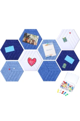 12 inch Hexagon Felt Panel Pin Board Set of 8 Blue Multi-Color Self-Stick - Image 1 of 3