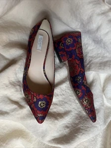 Cole Haan 7.5 Red And Purple Gold Metallic Brocade Low Heel Pointed Toe - Picture 1 of 6
