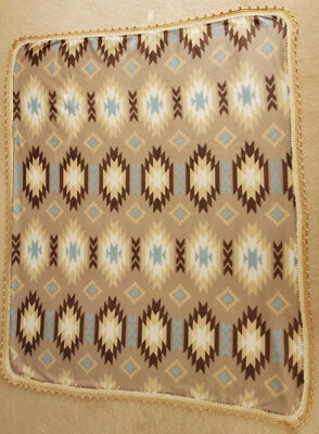 Fleece Throw Blanket, Native American Design 64” X 54” w Crochet Edge 70% R - Image 1 of 4