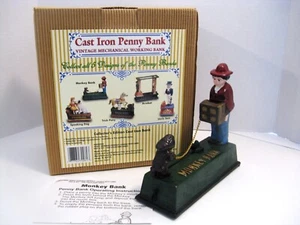 Monogram Cast Iron Penny Bank Mechanical Monkey Bank in Box NOS UNUSED - Picture 1 of 5