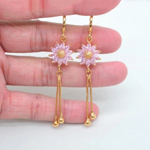 18K Yellow Gold Filled Women Pink Mystic Topaz Sunflower Tassel Earrings Jewelry - Picture 1 of 4