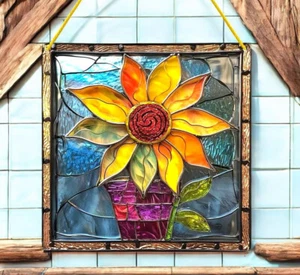 Girasol imitación vitral acrílico arte Suncatcher - panel cuadrado 2D de 8 pulgadas - Imagen 1 de 3
