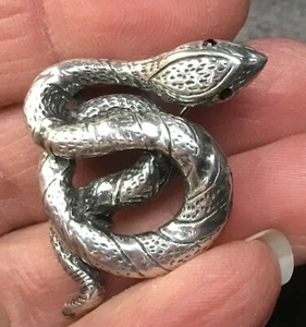 VINTAGE COILED SERPENT SNAKE STERLING SILVER PIN SLIDE CHARM RED STONE EYES - Picture 1 of 8