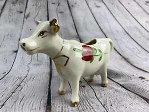 Vintage Porcelain Painted Flowers GOld Trim Retro Cow Creamer Pitcher 7" In - Picture 1 of 9