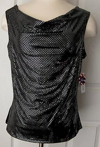 FOREVER JADE WOMEN'S TOP MADE N USA SZ L POLYESTER SPANDEX BLACK SILVER DOTS NEW - Picture 1 of 7