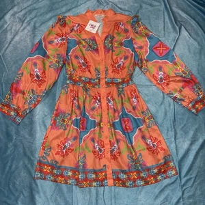 Sunday Up Blissfully Orange Mini Dress Womens Sz Medium Floral Eclectic Artsy - Picture 1 of 12