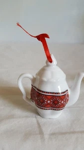 2,5" Vintage Southwest Digital Weihnachten Teekanne Ornament ~ Porzellan ~ rot kariert - Bild 1 von 4