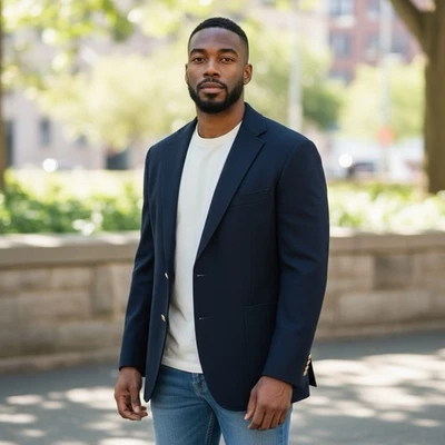 Jaqueta Blazer Vintage John Weitz Azul Marinho Cabelo de Camelo Tamanho 48 Formal Negócios Dourado - Imagem 1 de 4