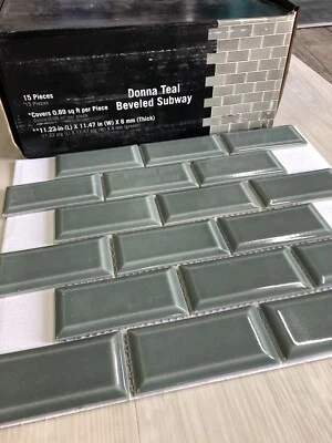 15 Sheets. DONNA TEAL 2X4 BEVEL GLOSSY SUBWAY CERAMIC TILE. - Image 1 of 4