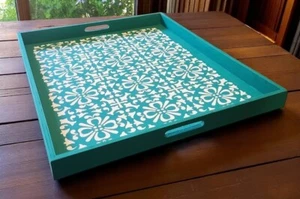 Hand Painted Teal Wooden Ottoman Tray, Wood Tray, Farmhouse Decor - Picture 1 of 3