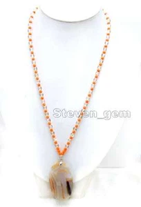 Natural 6mm Round White crystal & 40*60mm Pink Agate pendant 20" necklace-5960 - Picture 1 of 6