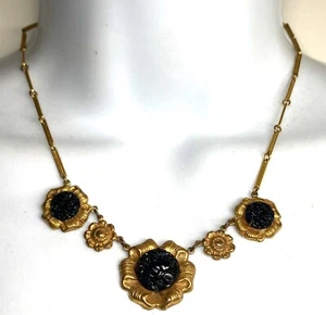 Antique Czech Molded Black Glass Ornate Gold Flowers Choker Link Necklace - Picture 1 of 4