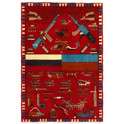 Red War Pictorial Rug 3'3x4'9ft Hand Made Oriental Afghan Wool/Cotton Rug G27075 - Image 1 of 4