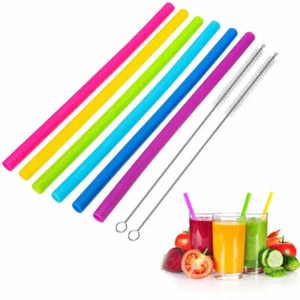 6pcs Silicone Reusable Extra Wide Straight Straw + 2 Brush, Smoothies Bubble Tea - Picture 1 of 12