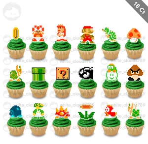 16 Super Mario Bros Cupcake Topper 8-Bit Food Pick Favor Party Birthday Kid - Picture 1 of 1