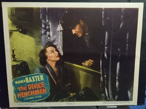 Lobby Card 1949 THE DEVIL'S HENCHMEN Mary Beth Hughes Warner Baxter hiding crime