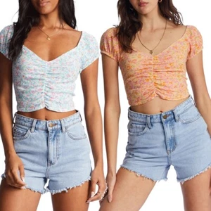Billabong Women's Pretty Sweet Floral Ruched Textured Knit Crop Top Tee T-Shirt - Picture 1 of 14