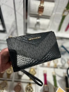 Michael Kors Double Zipper Wristlet Credit Card Phone Holder Wallet Black Clutch - Picture 1 of 8
