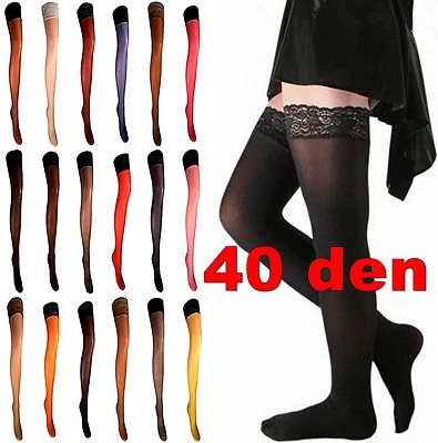 HALTERLOSE STRÜMPFE mit  SPITZE 40 den alle FARBEN und GRÖßEN XS-XXXL EU - Bild 1 von 4