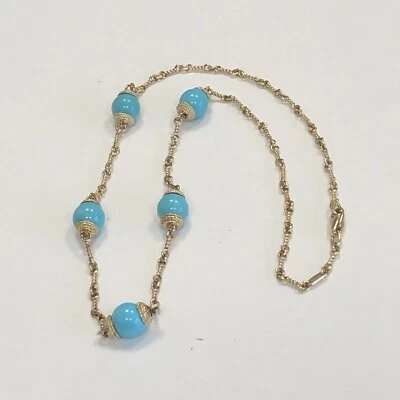 18k Yellow Gold Twist Link Sleeping Beauty Turquoise Station Necklace 16" Italy - Image 1 of 4