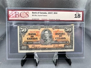 1937 Bank Of Canada $50 bank Note BCS Graded F15 SN# SN BH4297406 - Picture 1 of 5