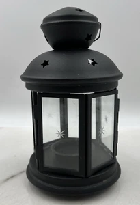 Black Metal Lantern Candle Lantern 8.5" Hexagon Shaped Indoor Outdoor Glass Star - Picture 1 of 10