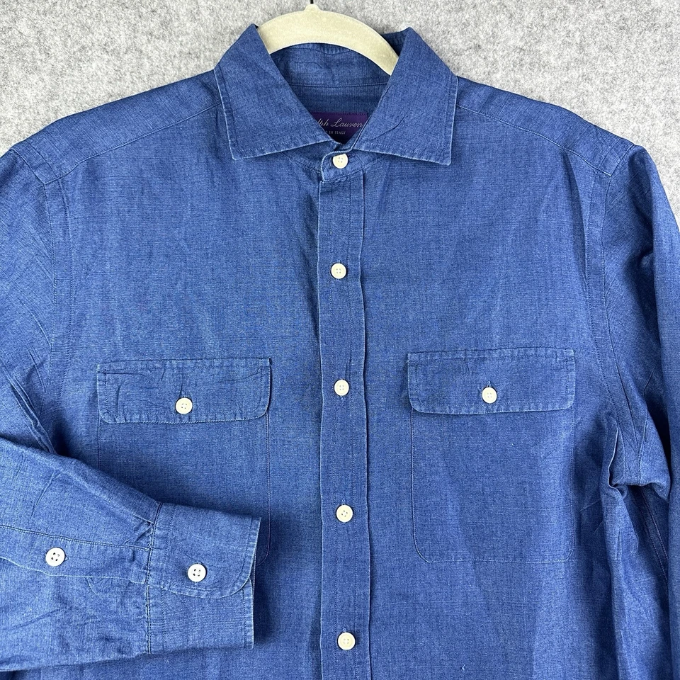 Camisa Ralph Lauren Etiqueta Púrpura Hombres M Mezcla de Lino Botón Bordado Logo Italia* Foto 1 de 4